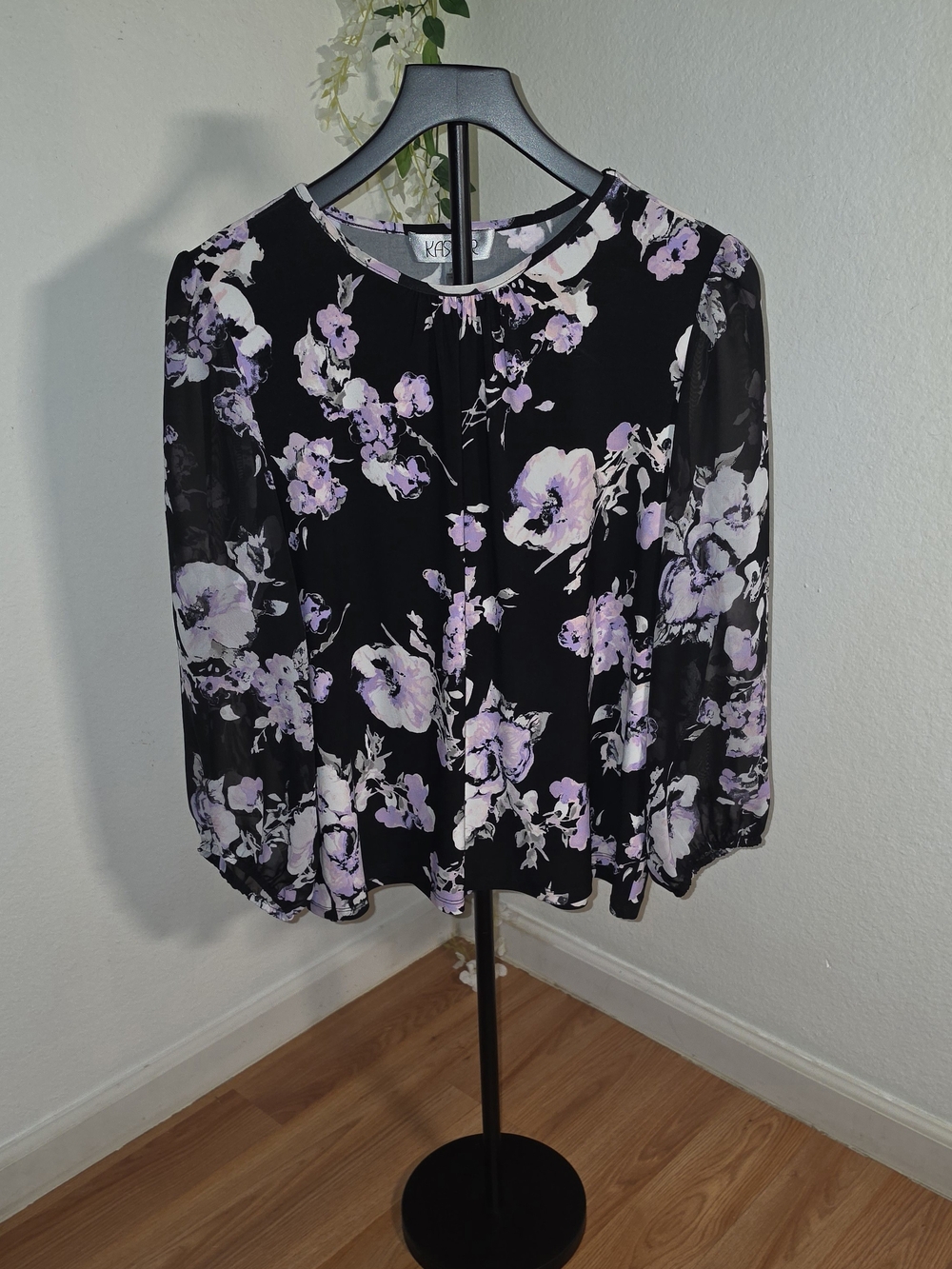Kasper Black Blouse with Lavender Floral Print